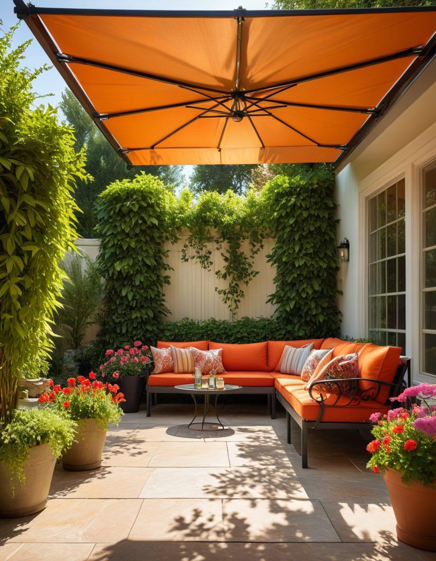 A beautiful outdoor patio featuring various styles of awnings and shade solutions, including retractable awnings, pergolas, and umbrellas. Lush green plants and colorful flowers surround the area, showcasing different seating arrangements that emphasize comfort and relaxation. Bright sunlight streams down, partially filtered by the awnings, casting intricate shadows on the floor. The overall atmosphere is inviting and serene, perfect for outdoor gatherings. vibrant colors. super-realistic. sunny setting.