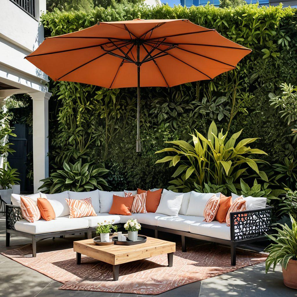 A cozy outdoor lounge area with stylish, modern shade structures like canopies and umbrellas, surrounded by lush greenery. Soft seating with cushions in elegant patterns, a coffee table with a refreshing drink, and sunlight filtering through the shade, creating a warm atmosphere. Include colorful decor elements to enhance the comfort feel. super-realistic. vibrant colors. inviting ambiance.