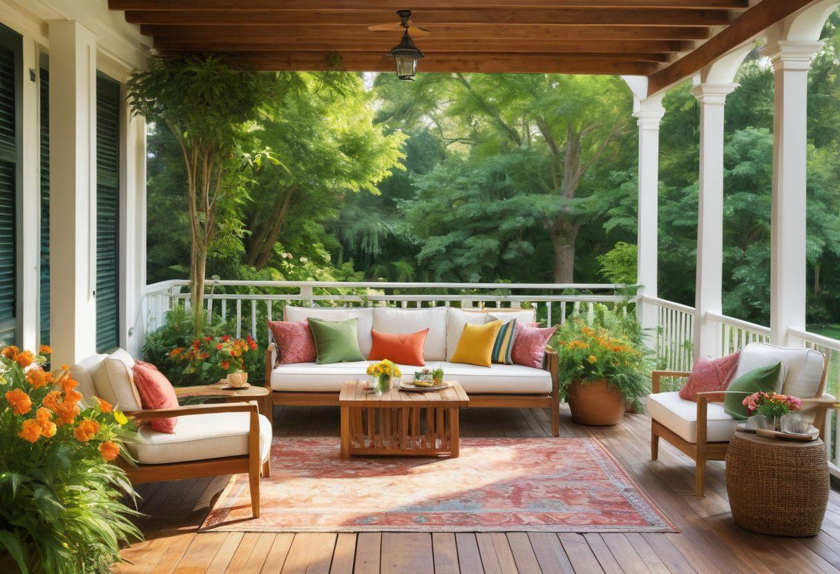 A serene backyard scene featuring a cozy porch with elegant awnings, lush greenery, and a stylish canopy cover draped over a seating area. Sunlight filters through the leaves, casting intricate shadows on a wooden deck. Add decorative outdoor pillows and a small table with refreshing drinks to enhance the inviting atmosphere. The background includes colorful flowers and a tranquil garden setting. super-realistic. vibrant colors. soft focus.
